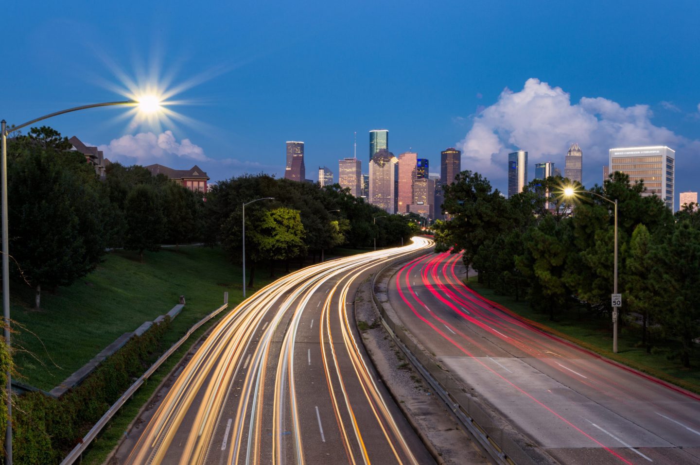 Houston skyline with light trails