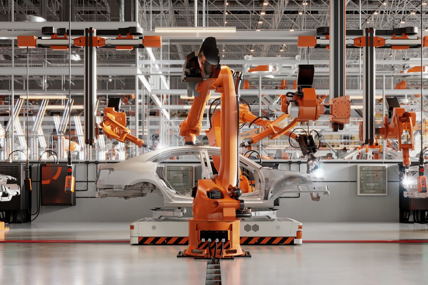 Robotic equipment automatically welding on cars.