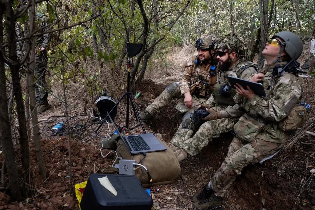 Ukranian soldiers use unmanned drones for intelligence, surveillance, reconnaissance, defense, and offense.